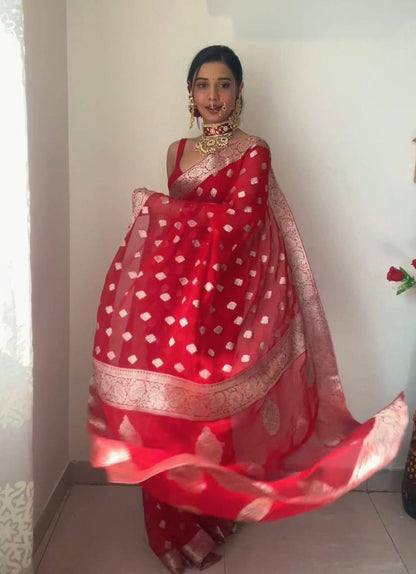 1-Minute Ready To Wear Red Cotton Art Silk Saree
