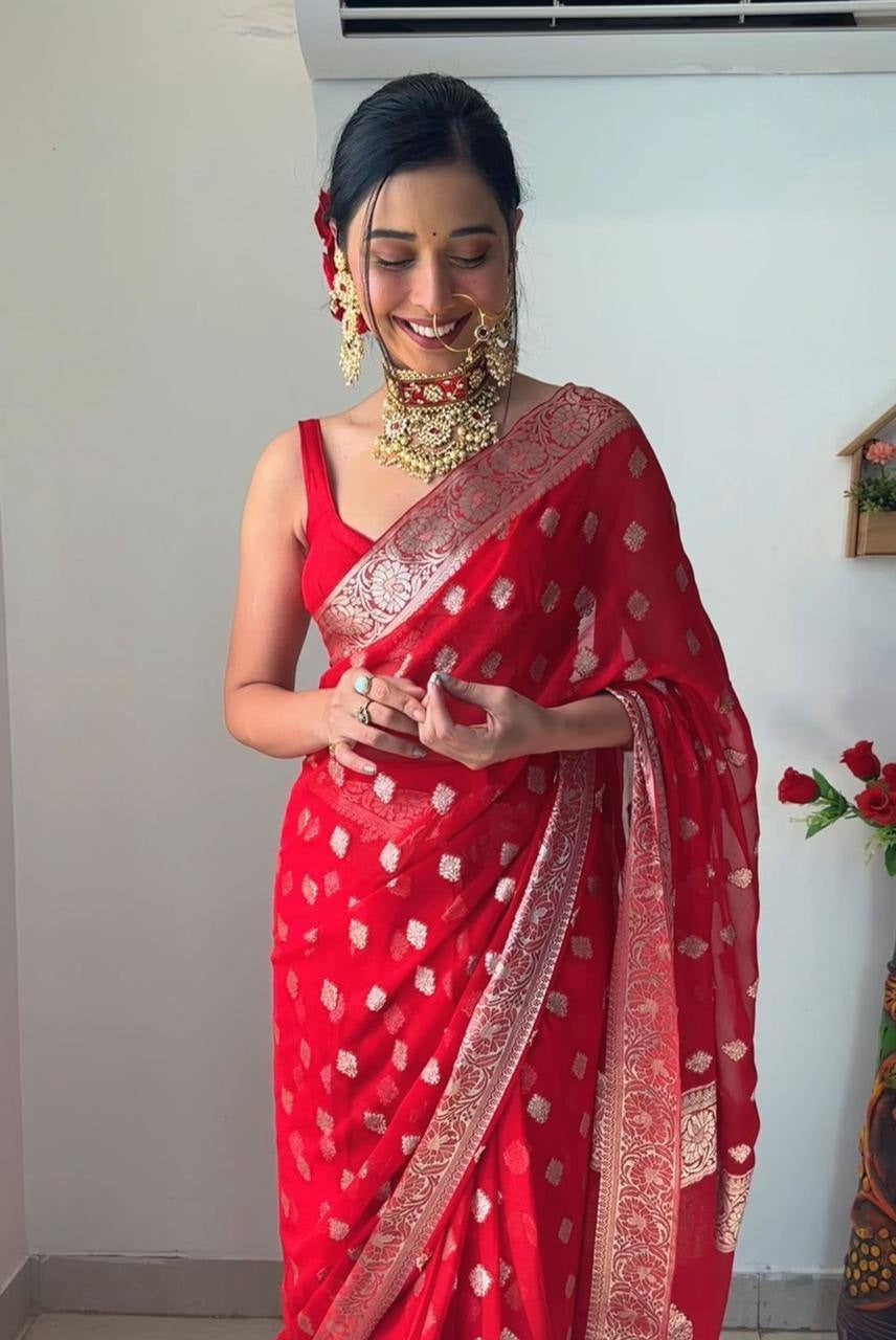 1-Minute Ready To Wear Red Cotton Art Silk Saree