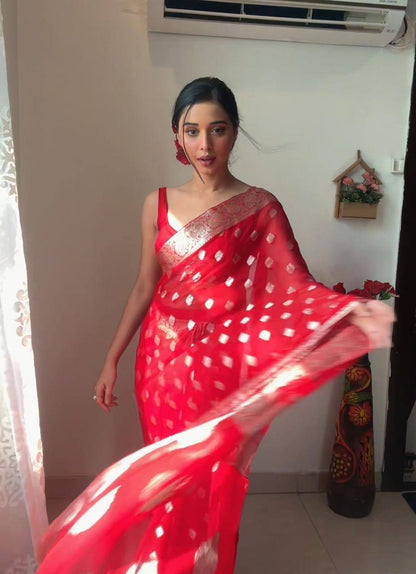 1-Minute Ready To Wear Red Cotton Art Silk Saree