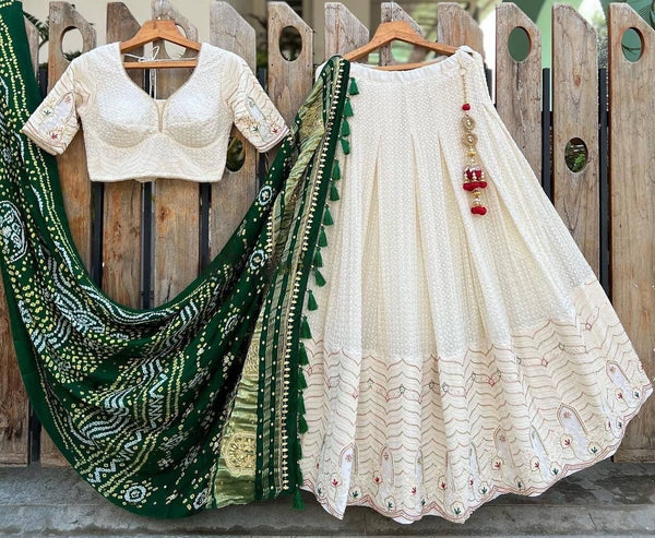 White Designer Georgette Cotton Thread work lehenga choli with Printed dupatta