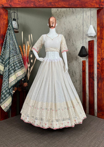 White Designer Georgette Cotton Thread work lehenga choli with Printed dupatta