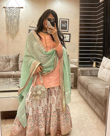 Peach Color Kurti Plazo Punjabi Suit Dupatta Set For Women