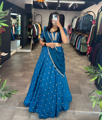 Teal Blue Embroidery Lehenga choli dupatta