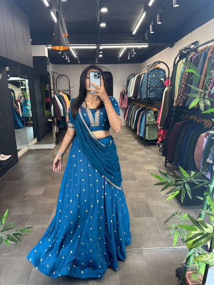 Teal Blue Embroidery Lehenga choli dupatta