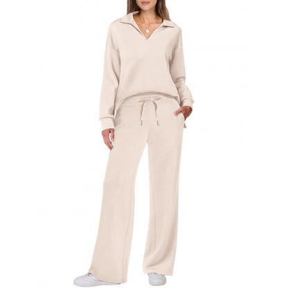 Women's Tracksuit Sports Suit V-neck Long-sleeved Pullover Top And Drawstring Straight-leg Trousers Casual Solid Trousers Set