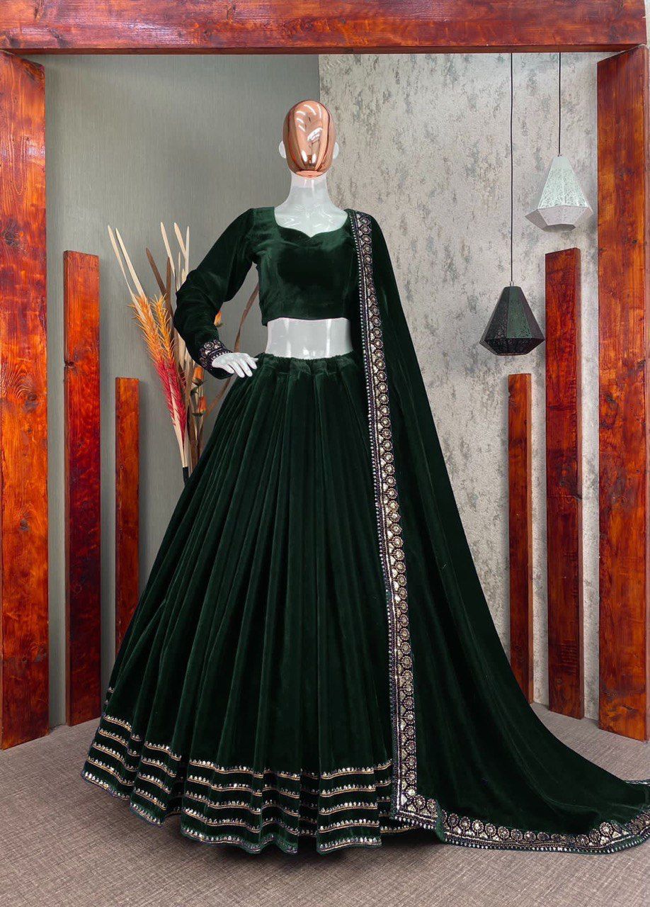 Party Wear Winter Velvet Sequence Work Lehenga Choli With Embroidered Dupatta