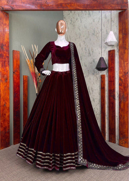Party Wear Winter Velvet Sequence Work Lehenga Choli With Embroidered Dupatta