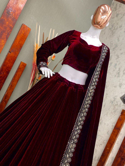Party Wear Winter Velvet Sequence Work Lehenga Choli With Embroidered Dupatta