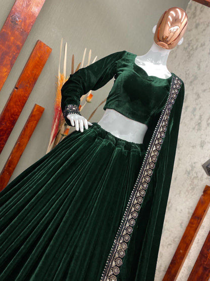 Party Wear Winter Velvet Sequence Work Lehenga Choli With Embroidered Dupatta