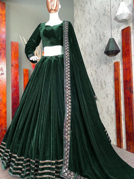 Party Wear Winter Velvet Sequence Work Lehenga Choli With Embroidered Dupatta