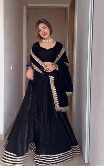 Party Wear Winter Velvet Sequence Work Lehenga Choli With Embroidered Dupatta