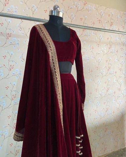 Party Wear Winter Velvet Sequence Work Lehenga Choli With Embroidered Dupatta