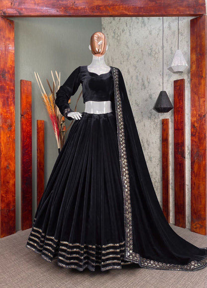 Party Wear Winter Velvet Sequence Work Lehenga Choli With Embroidered Dupatta