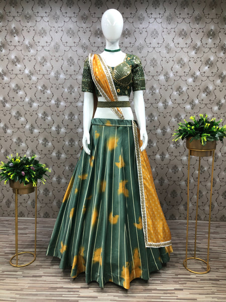 Green Color Malai Crepe Embroidery Semi Stitched Lehenga Choli