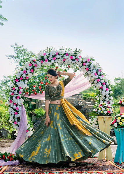 Green Color Malai Crepe Embroidery Semi Stitched Lehenga Choli