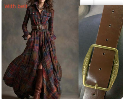 Ins Plaid Print Long-Sleeved Dress Fashion Pockets Collared Buttons Shirt Long Dresses Retro Women's Clothing