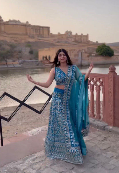 Teal blue Designer Exclusive Cording Sequence Work Lehenga Choli With Dupatta