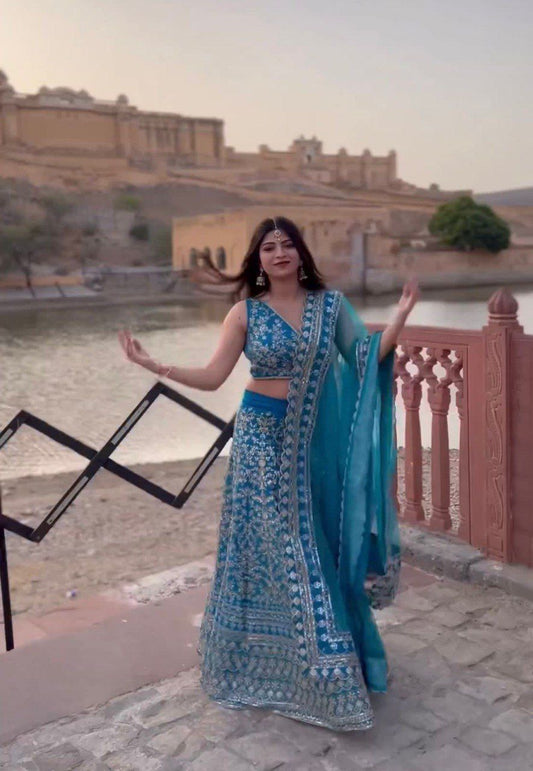 Teal blue Designer Exclusive Cording Sequence Work Lehenga Choli With Dupatta