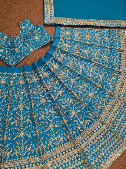 Teal blue Designer Exclusive Cording Sequence Work Lehenga Choli With Dupatta