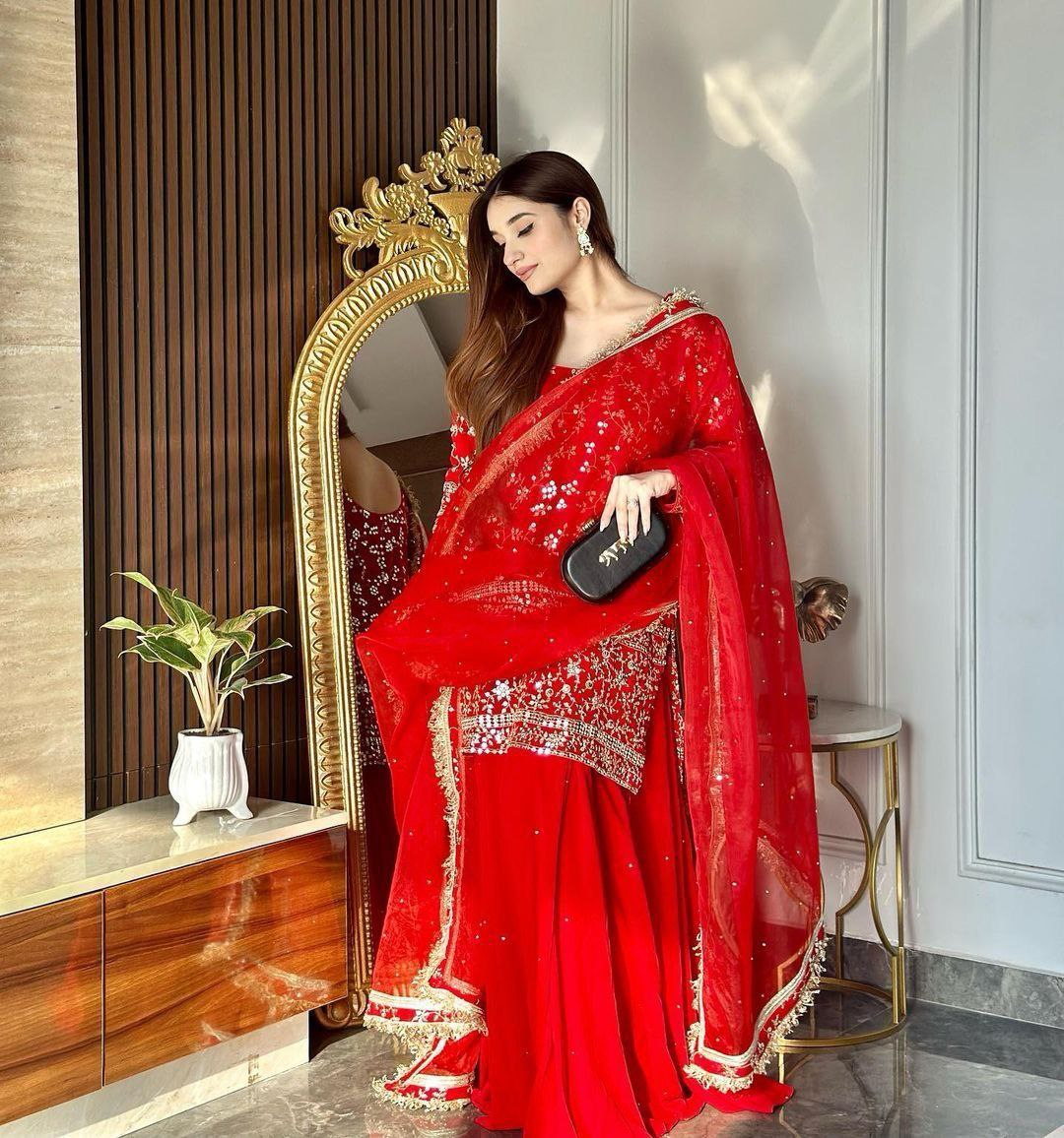 Red Color Embroidery Sharara Suit Set for women