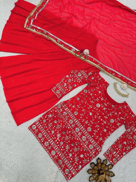 Red Color Embroidery Sharara Suit Set for women