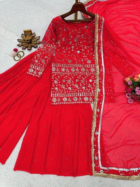 Red Color Embroidery Sharara Suit Set for women