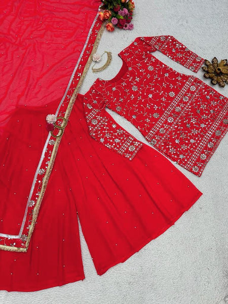 Red Color Embroidery Sharara Suit Set for women