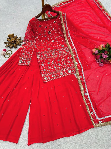 Red Color Embroidery Sharara Suit Set for women