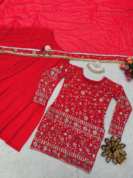 Red Color Embroidery Sharara Suit Set for women