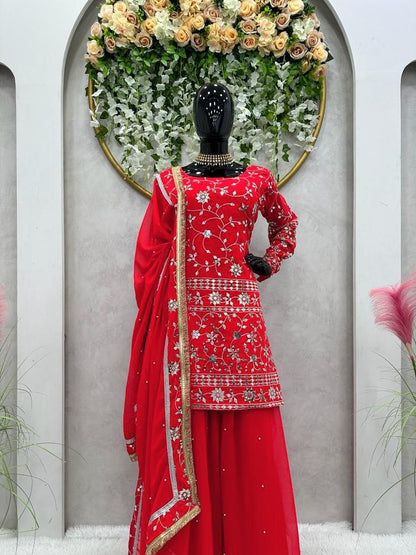 Red Color Embroidery Sharara Suit Set for women