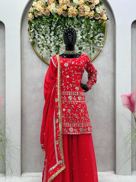 Red Color Embroidery Sharara Suit Set for women