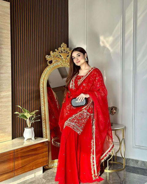 Red Color Embroidery Sharara Suit Set for women