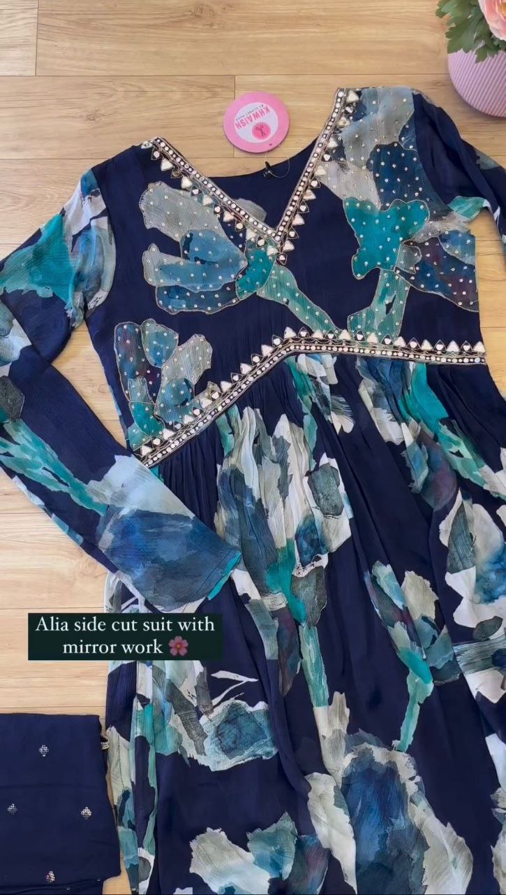 Blue Color Mirror Work Top Pent Dupatta Suit For Women