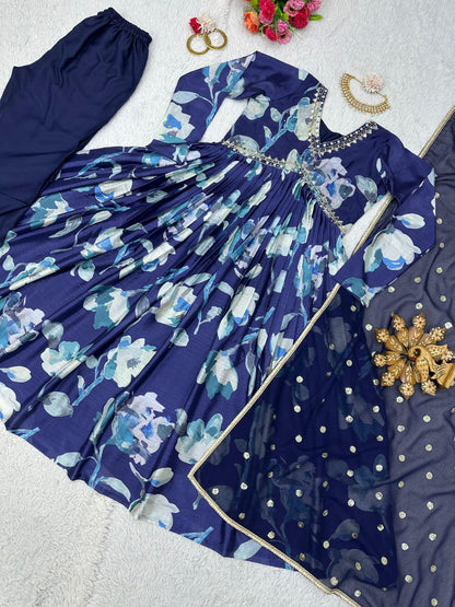 Blue Color Mirror Work Top Pent Dupatta Suit For Women