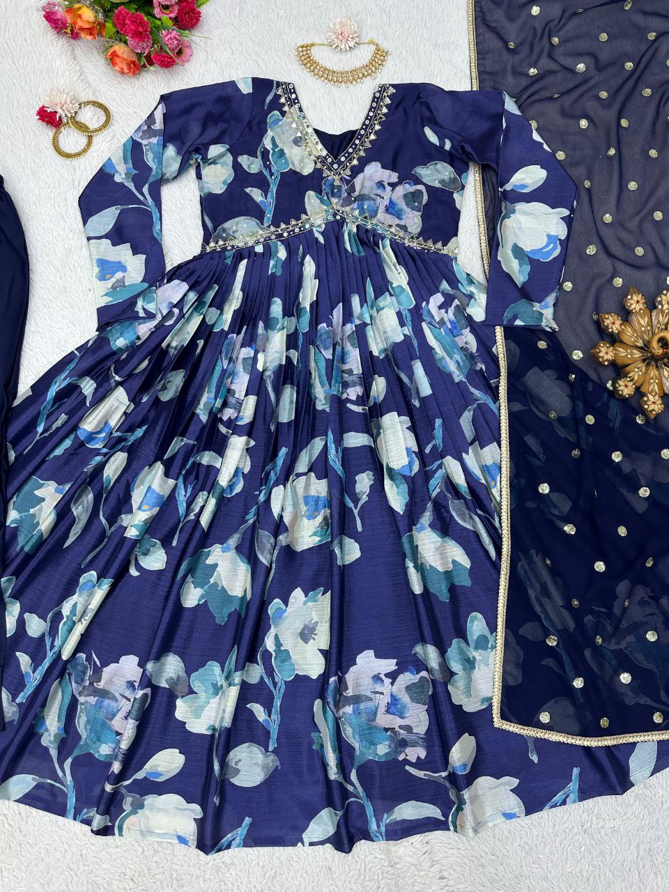Blue Color Mirror Work Top Pent Dupatta Suit For Women