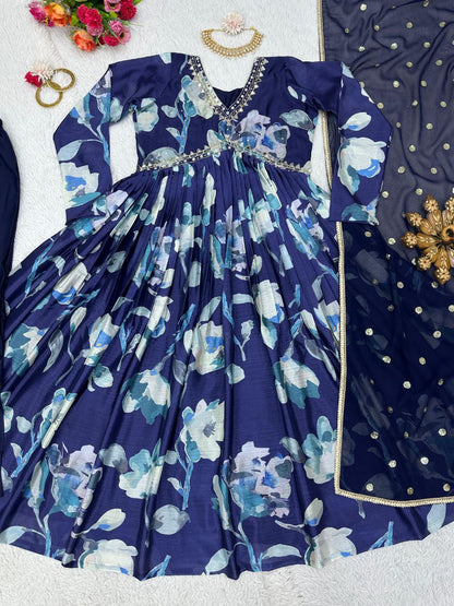Blue Color Mirror Work Top Pent Dupatta Suit For Women
