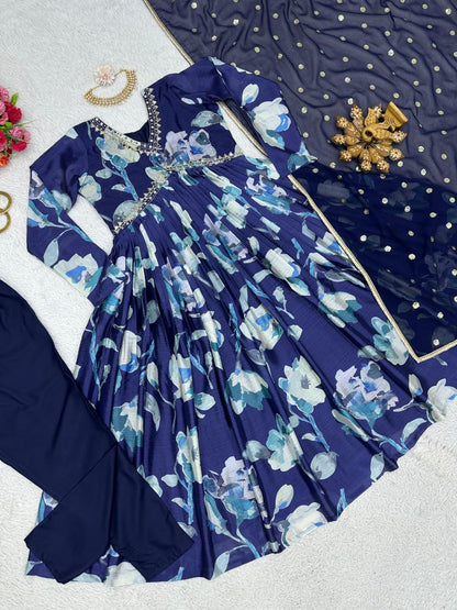 Blue Color Mirror Work Top Pent Dupatta Suit For Women