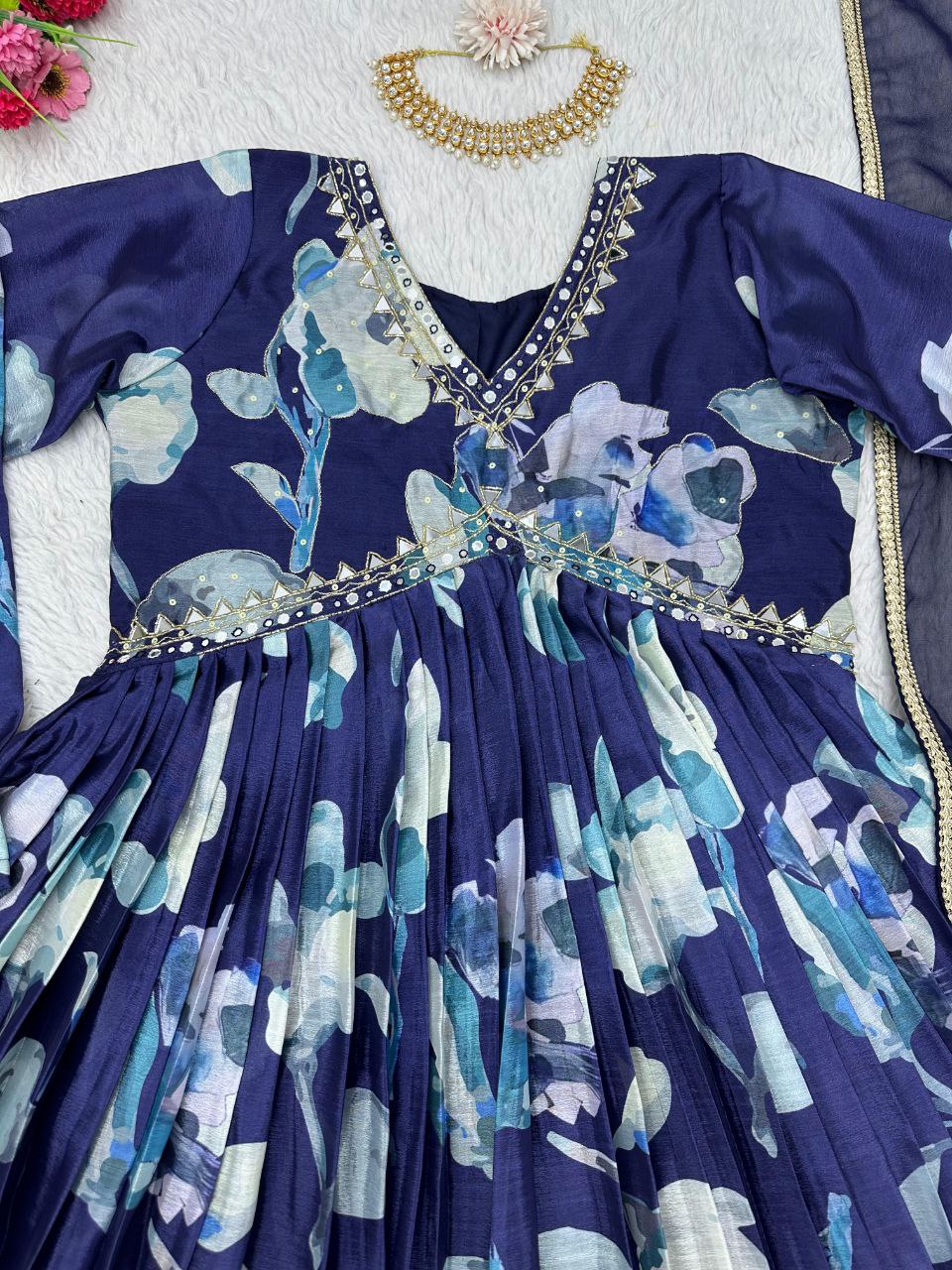 Blue Color Mirror Work Top Pent Dupatta Suit For Women