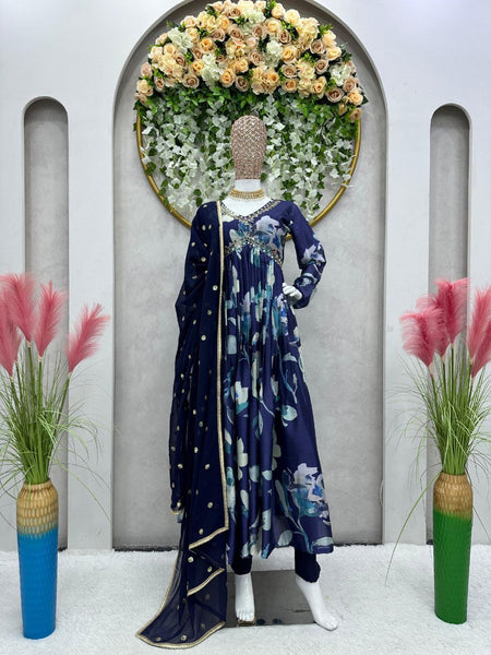 Blue Color Mirror Work Top Pent Dupatta Suit For Women