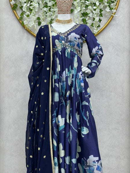 Blue Color Mirror Work Top Pent Dupatta Suit For Women