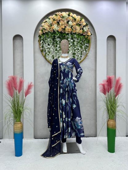 Blue Color Mirror Work Top Pent Dupatta Suit For Women