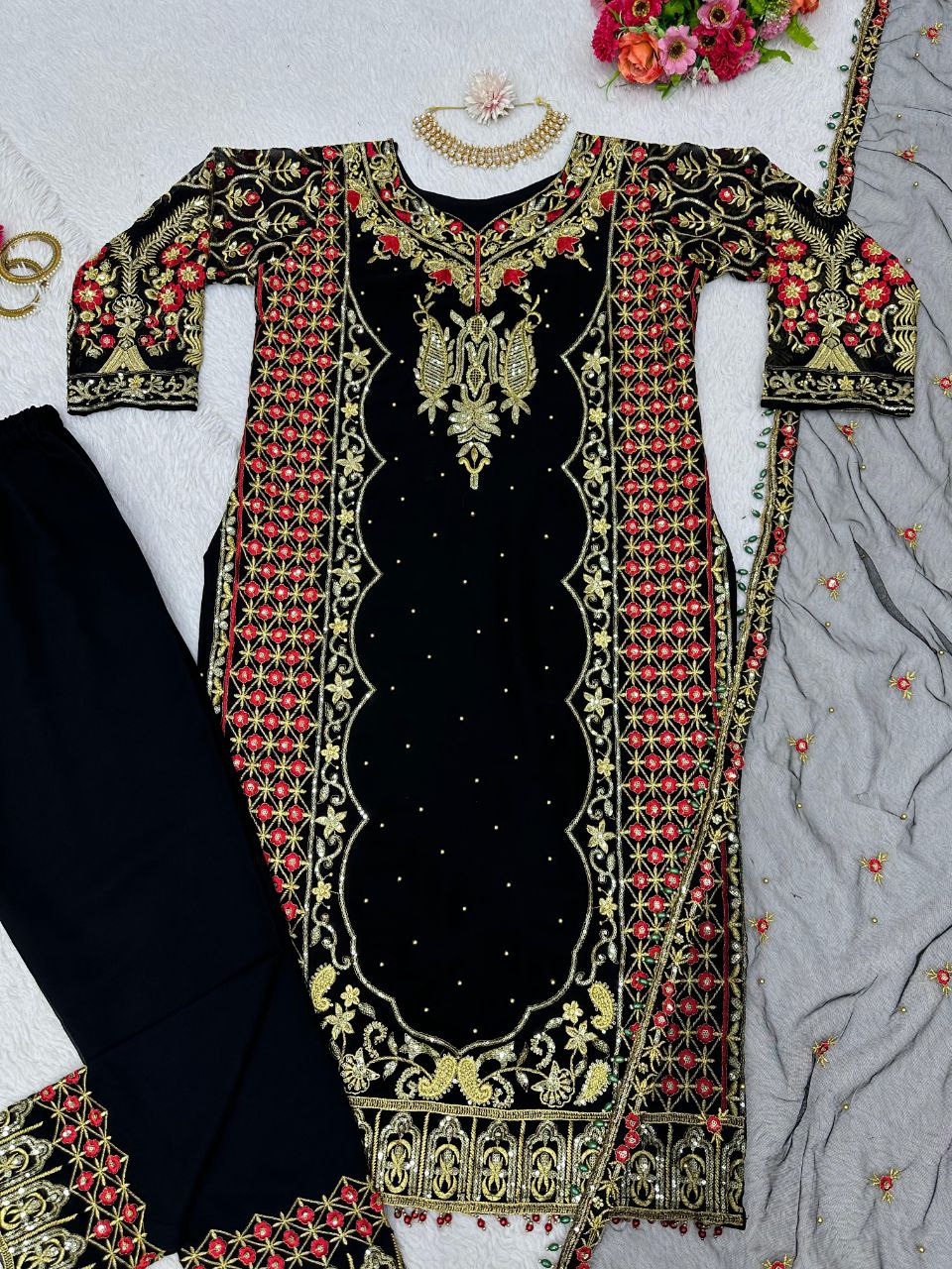 Black color Foux Georgette Threadwork Top and Pent Set with Soft Net Dupata