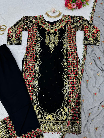 Black color Foux Georgette Threadwork Top and Pent Set with Soft Net Dupata