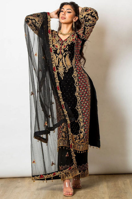 Black color Foux Georgette Threadwork Top and Pent Set with Soft Net Dupata