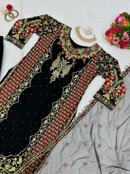 Black color Foux Georgette Threadwork Top and Pent Set with Soft Net Dupata