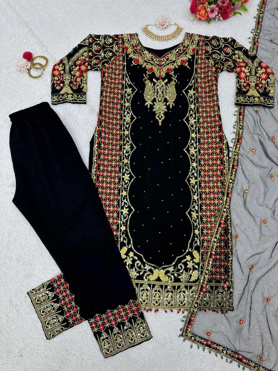 Black color Foux Georgette Threadwork Top and Pent Set with Soft Net Dupata
