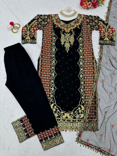 Black color Foux Georgette Threadwork Top and Pent Set with Soft Net Dupata