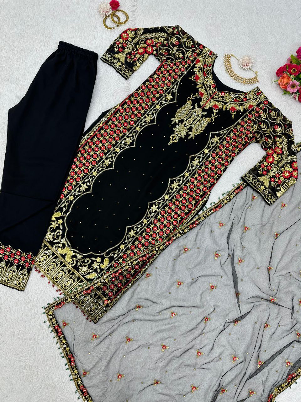 Black color Foux Georgette Threadwork Top and Pent Set with Soft Net Dupata