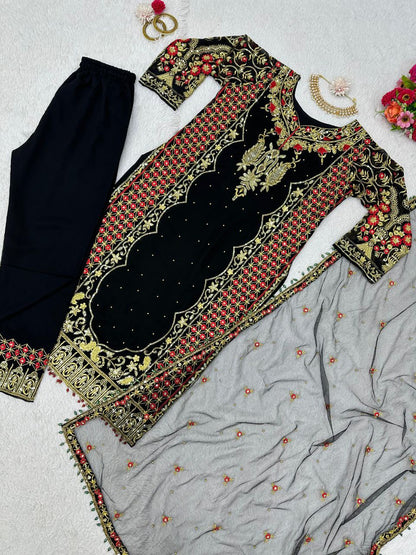 Black color Foux Georgette Threadwork Top and Pent Set with Soft Net Dupata