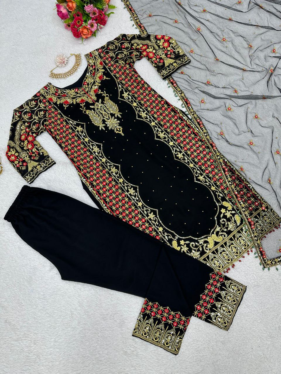 Black color Foux Georgette Threadwork Top and Pent Set with Soft Net Dupata